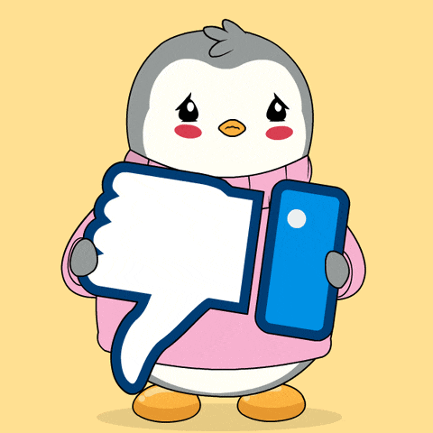 a penguin in a pink sweater is holding a phone and a thumbs down sign