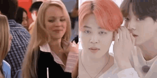 a woman with blonde hair and a man with pink hair are sitting next to each other in a crowd .