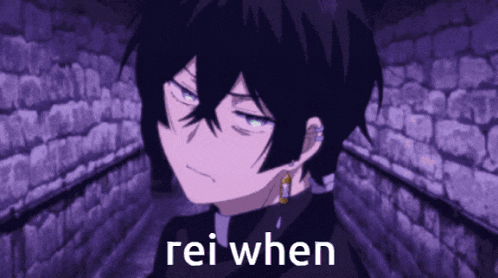 a black haired anime character with a purple background and the words rei when written on it .