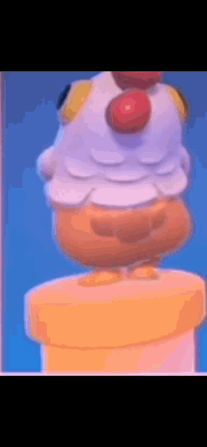 a cartoon chicken with a red nose is standing on a yellow container .