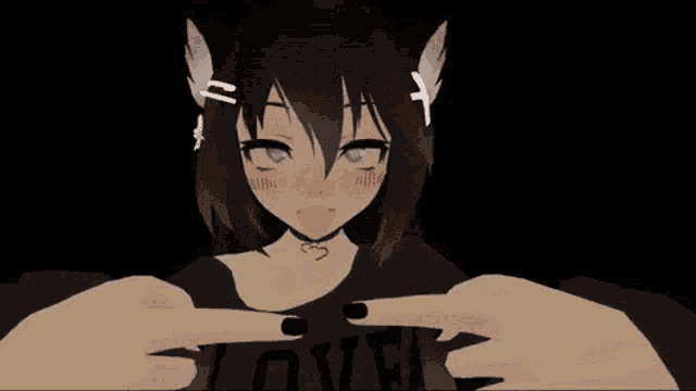 a 3d anime girl with cat ears and a choker is pointing at her chest .