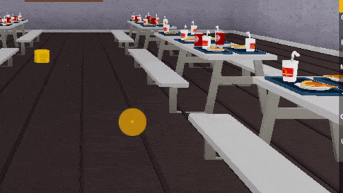 a computer generated image of a picnic area with tables and benches filled with food