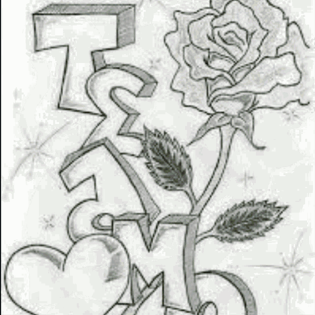 a black and white drawing of a rose and a heart with the word `` i love you '' .