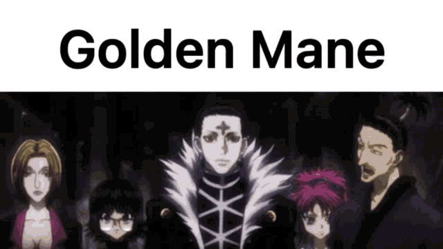 a group of anime characters are standing next to each other with the words golden mane above them
