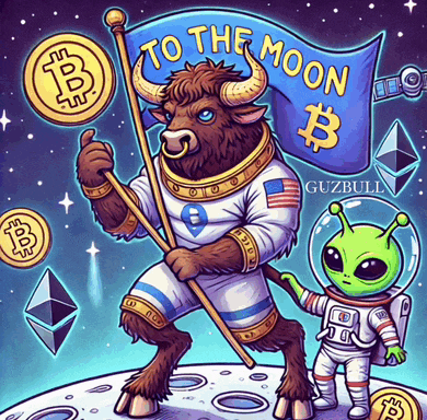 a cartoon of a bull and an alien holding a flag that says to the moon