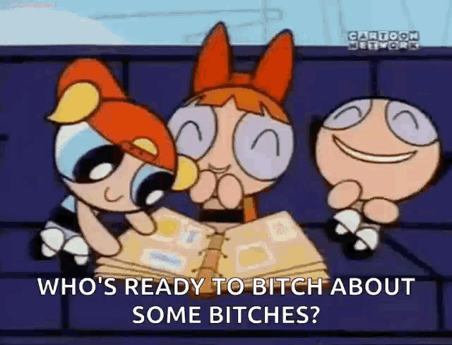 three cartoon characters are sitting next to each other reading a book and one of them is asking another to bitch about some bitches