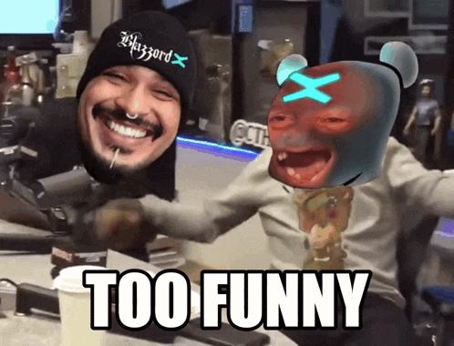 a man wearing a blizzard hat is smiling next to another man with a cartoon face that says too funny