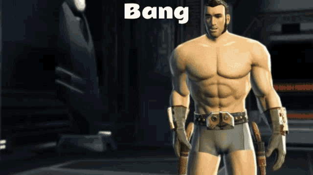 a man in underwear is standing in a dark room with the word bang above him