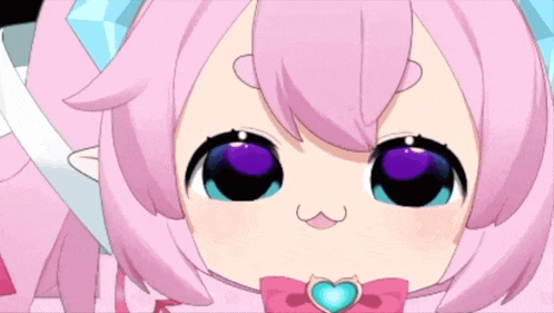 a cartoon character with pink hair and purple eyes has a bow around her neck