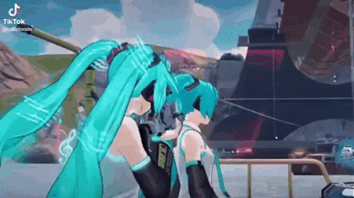 a couple of anime characters are standing next to each other .