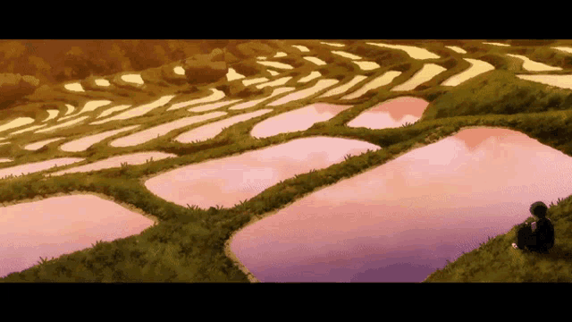 a painting of a person sitting on a hill overlooking a lush green field