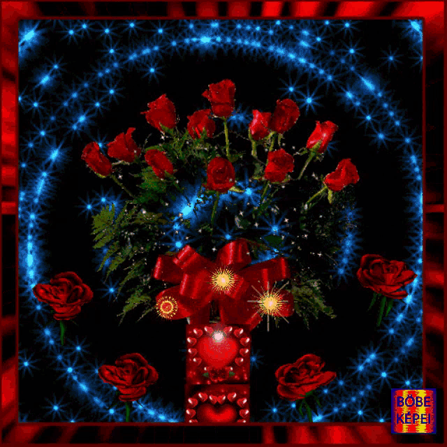 a bouquet of red roses in a red vase with a bow