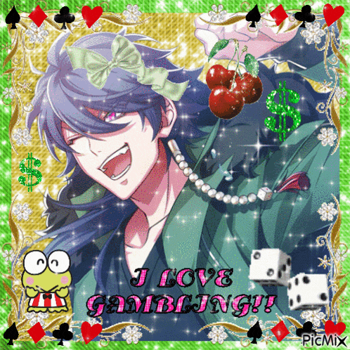a picture of a boy with a bow on his head and the words " i love gambling "