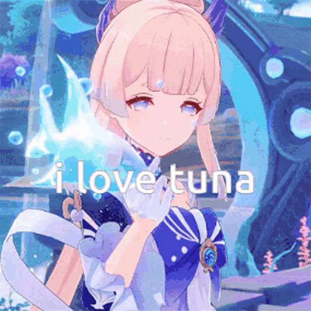 a girl with pink hair and blue eyes is holding a fish and the words i love tuna are above her .