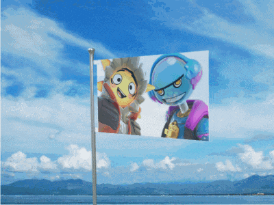 a flag with a picture of two cartoon characters flying in the wind