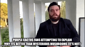 purple cactus fans attempting to explain why its better than mysterious mushrooms it 's not