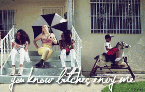 a group of women sit on the steps of a house with the words you know bitches enjoy me