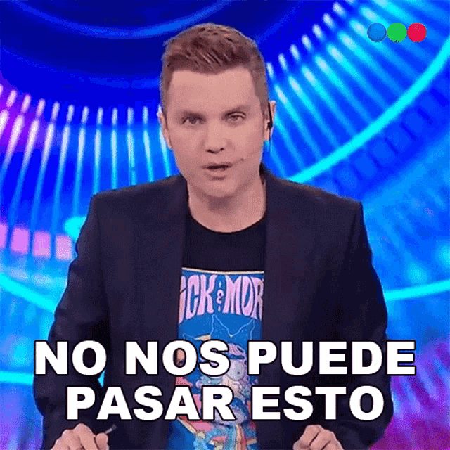 a man wearing a black jacket and a t-shirt that says rick & morty