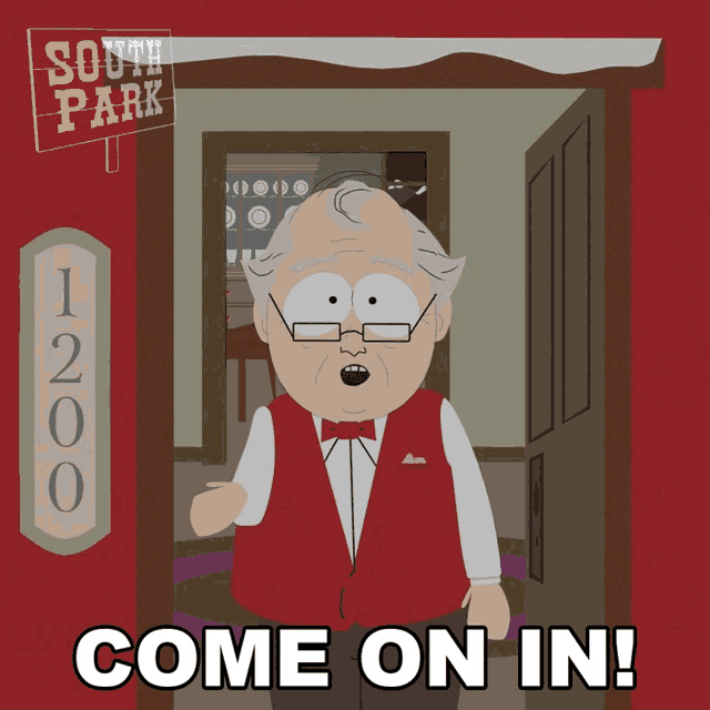 a cartoon of a man standing in front of a south park sign