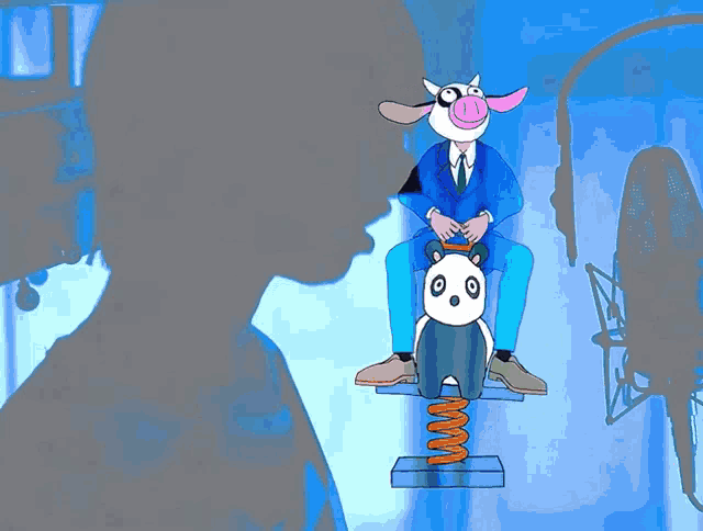 a cartoon of a man in a suit sitting on a rocking horse with a panda on it