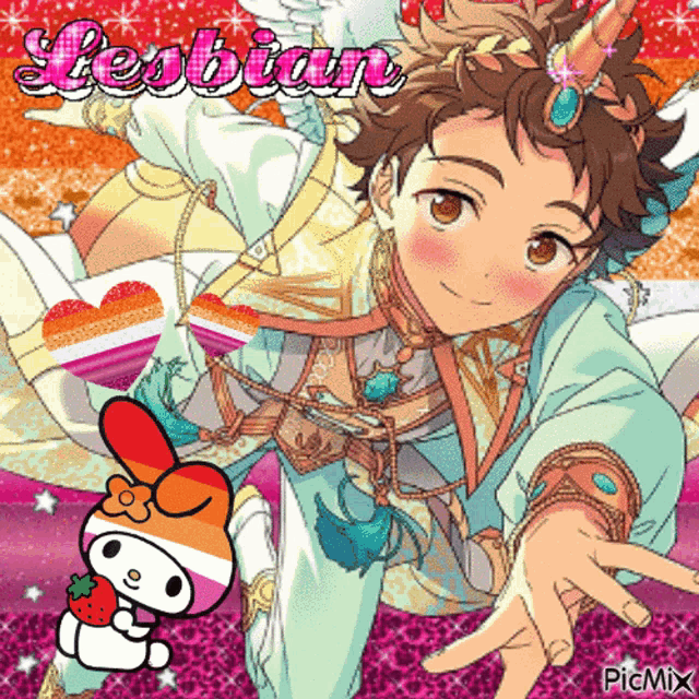 a picture of a boy with a unicorn horn and the word lesbian written on it