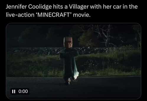 jennifer coolidge hits a villager with her car in the live action ' minecraft ' movie