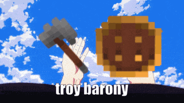 a hand holding a hammer next to a shield that says troy barony on the bottom