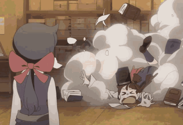 a girl with a bow on her head stands next to a girl falling