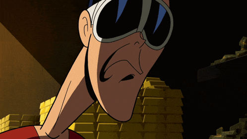 a cartoon character wearing sunglasses is standing in front of a stack of gold bars