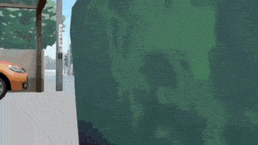 a car is parked in front of a green wall in a cartoon .