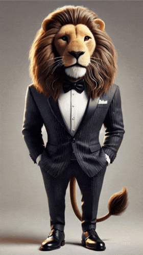 a lion wearing a suit and bow tie