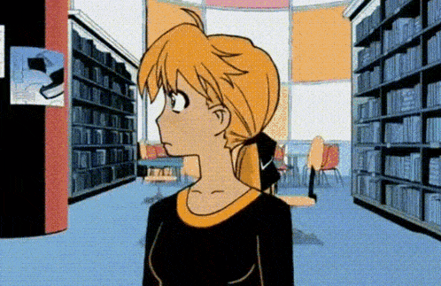 a cartoon of a girl in a library with a sign that says ' a ' on it