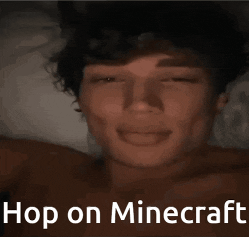 a picture of a man with the words hop on minecraft on the bottom