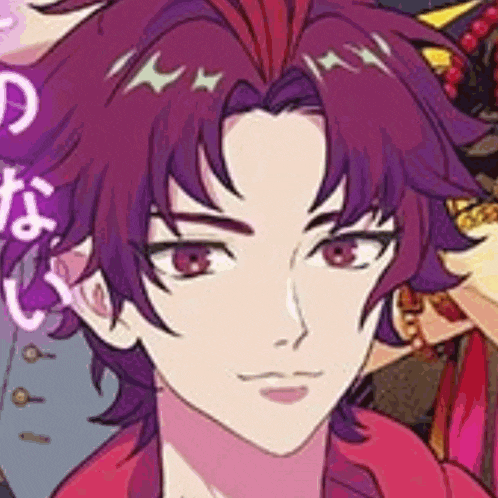 a close up of a person with purple hair and red eyes .