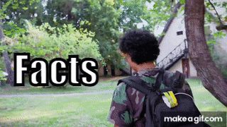 a man with a backpack is walking in a park with the words facts behind him