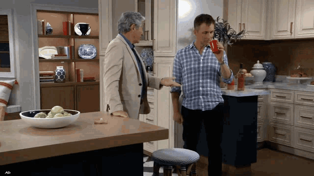 two men are standing in a kitchen and one of them is drinking a red cup