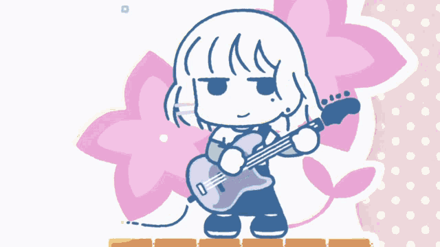 a cartoon drawing of a girl playing a guitar with a flower in the background