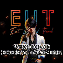 a man in a white suit is standing in front of a sign that says ' eat and travel '