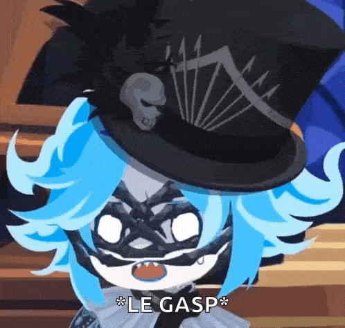 a cartoon character with blue hair and a black top hat with a skull on it .