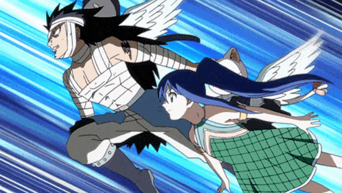a cartoon of a man and a girl with wings