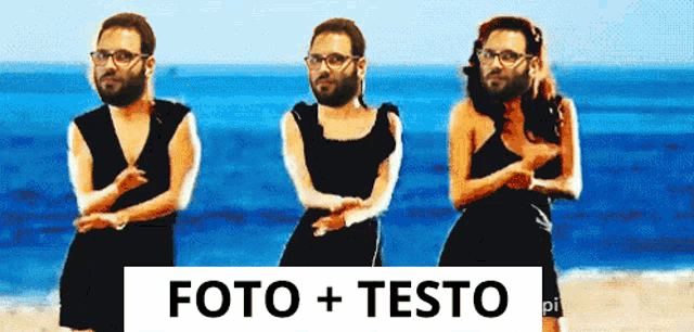 three people standing on a beach with a sign that says foto testo on it