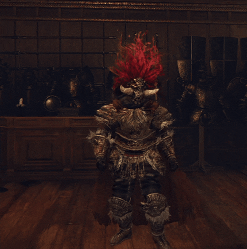 a person in armor with red hair and horns is standing in a dark room