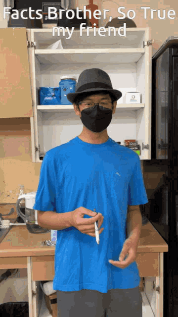 a man wearing a mask and a hat standing in front of a cabinet that says facts brother so true my friend