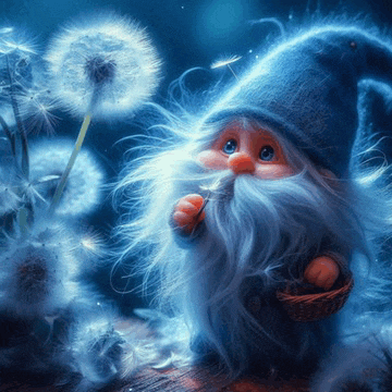 a gnome with a beard is blowing dandelions