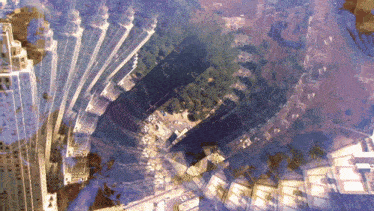 an aerial view of a city with buildings and trees in a spiral