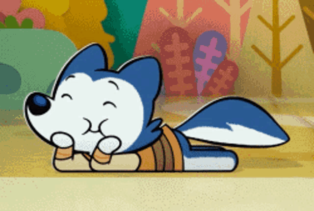 a cartoon dog is laying down with his eyes closed and his mouth open