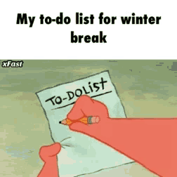 a cartoon drawing of a hand writing a to-do list for winter break