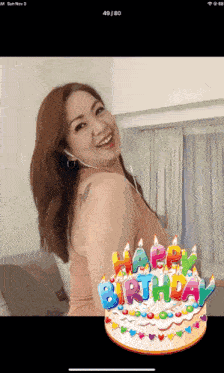 a woman is standing in front of a birthday cake with candles that say happy birthday