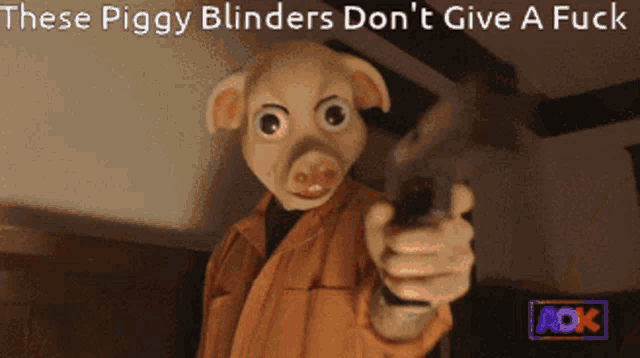 a picture of a pig pointing a gun with the caption " these piggy blinders don t give a fuck "