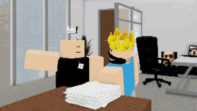 a cartoon character wearing a crown is standing next to a stack of paper